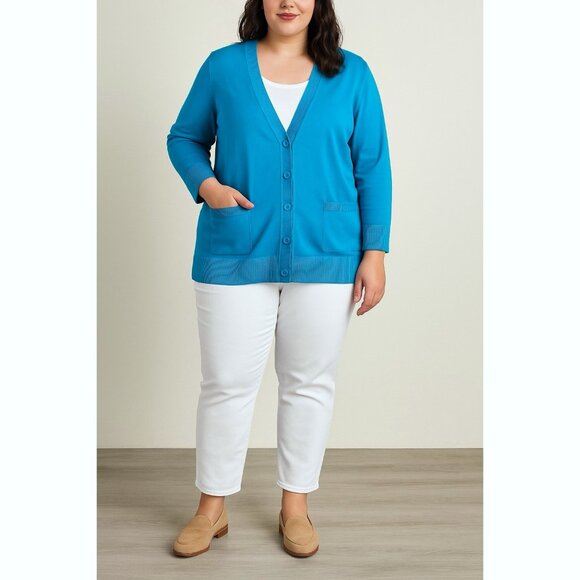 Talbots Women’s Plus 1X Turquoise Blue Cotton Rayon Cardigan Sweater Pockets - Picture 1 of 8